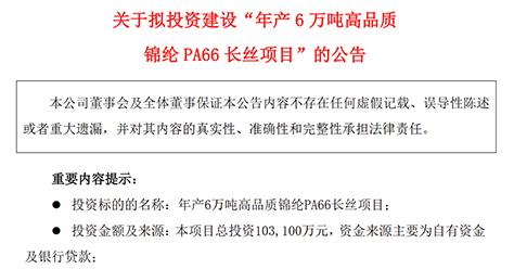 10.31亿，年产6万吨PA66长丝项目官宣！